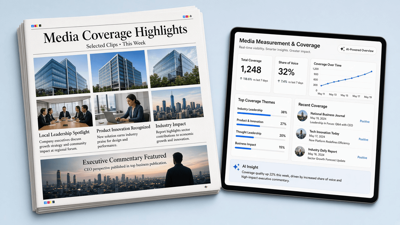 stack of newspapers labeled media coverage highlights beside a tablet showing media measurement dashboard