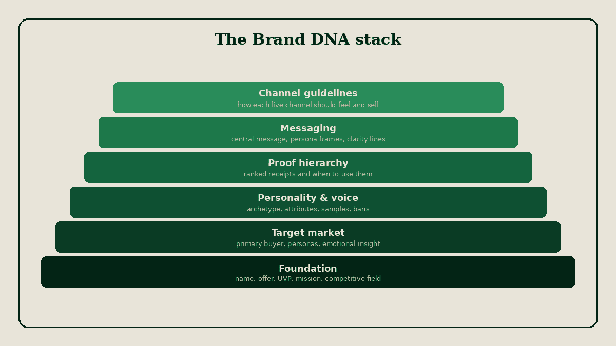 The Brand DNA stack from foundation through target market, personality and voice, proof hierarchy, messaging, and channel guidelines.
