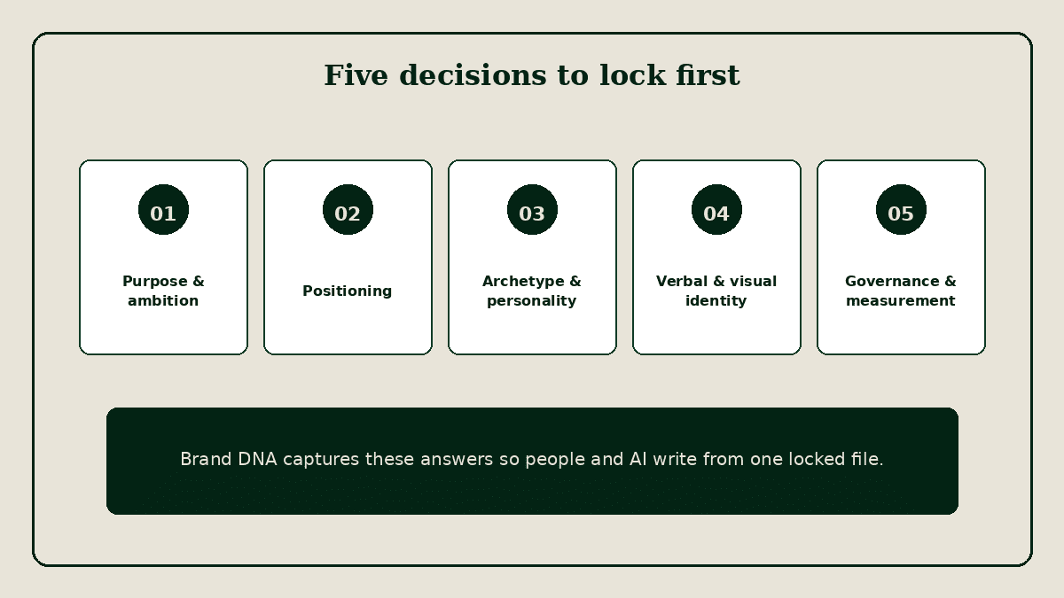 Five decisions to lock first: purpose and ambition, positioning, archetype and personality, verbal and visual identity, governance and measurement.