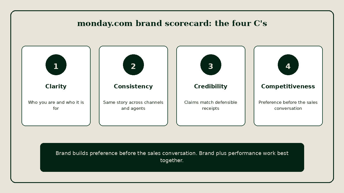 monday.com brand scorecard with four cards: Clarity, Consistency, Credibility, and Competitiveness.