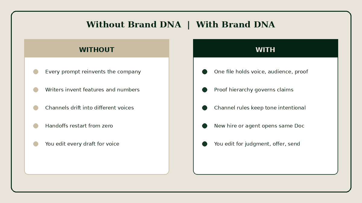Side-by-side comparison of working without Brand DNA versus with Brand DNA.