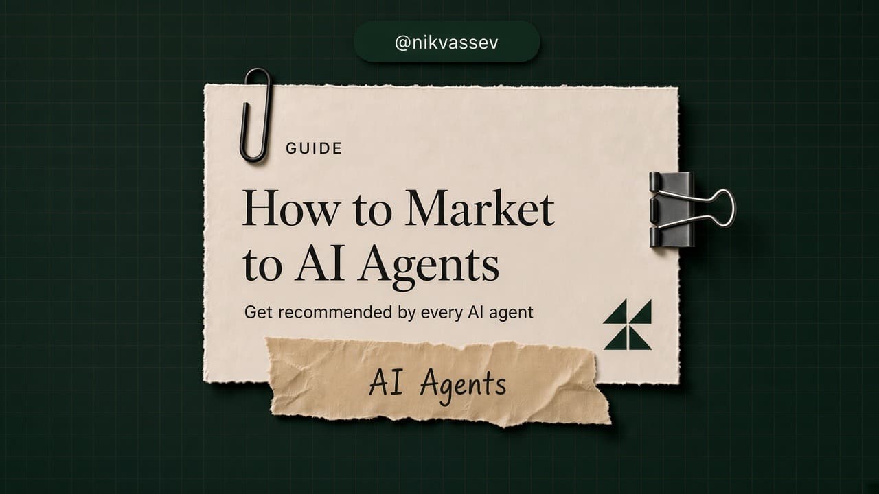 Cream card on a dark green grid titled How to Market to AI Agents, with a 2026 label and a stack of pages