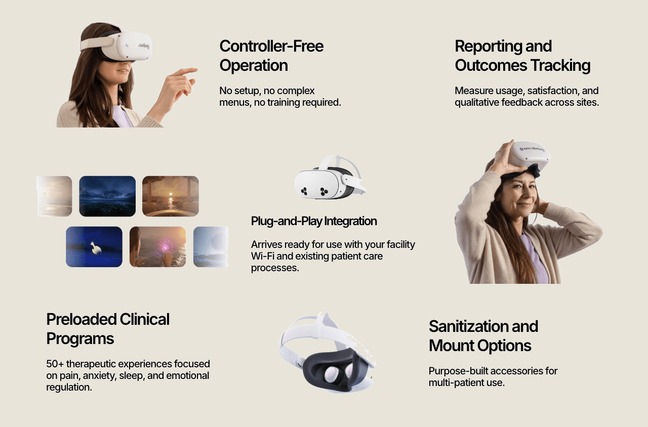 Novobeing product features: controller-free operation, outcomes tracking, plug-and-play integration, preloaded clinical programs, and sanitization options.