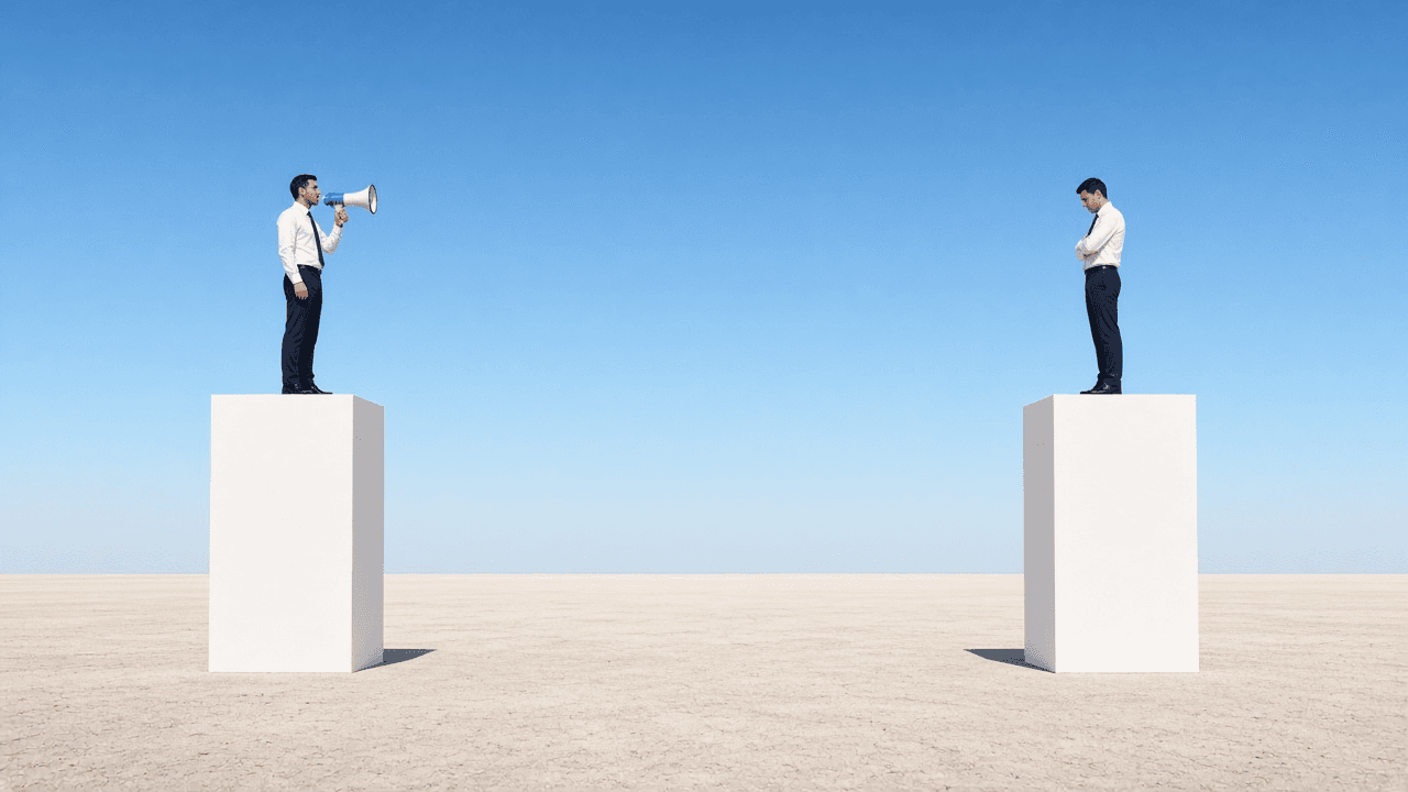 Two professionals on separate pillars, one shouting through a megaphone across a gap