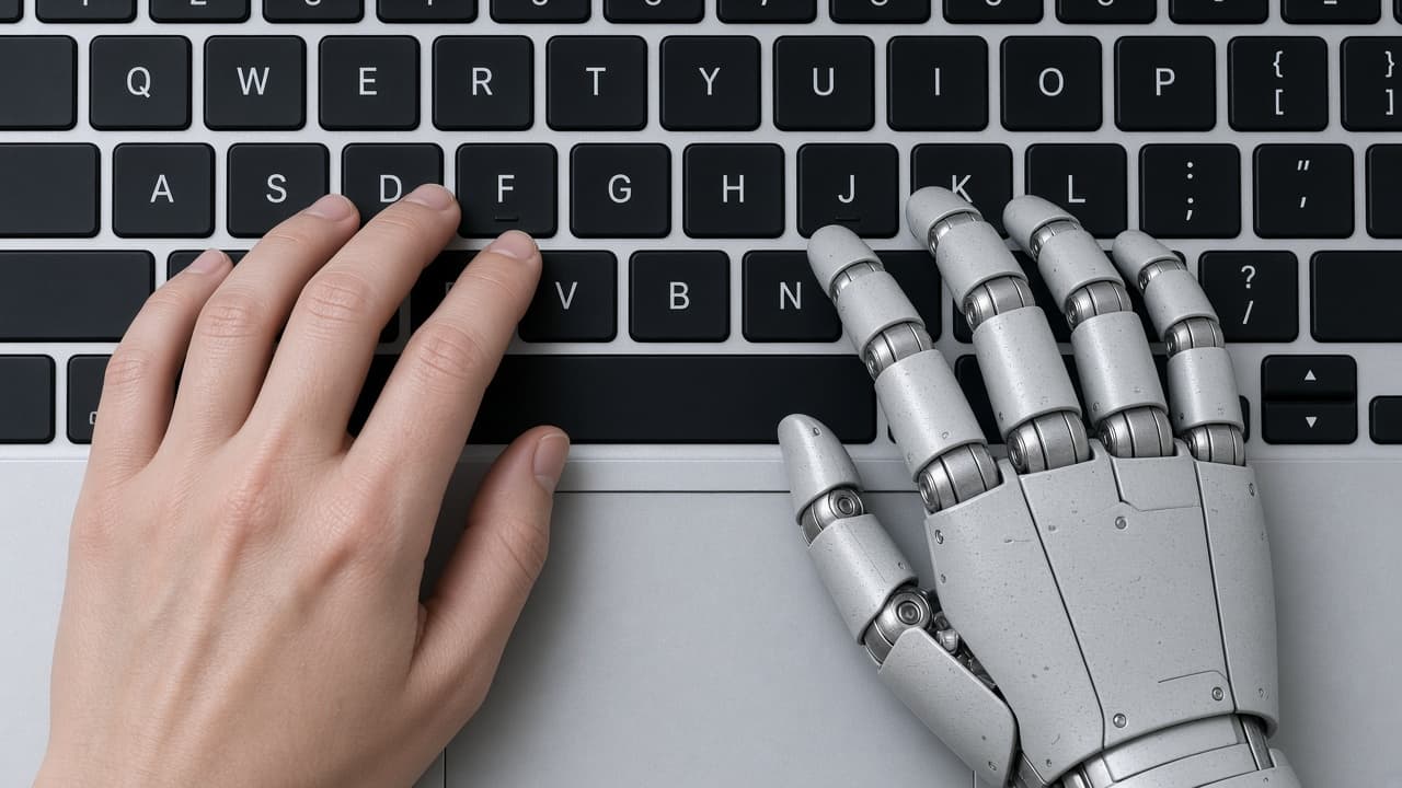 Human hand and robotic hand typing on the same laptop keyboard