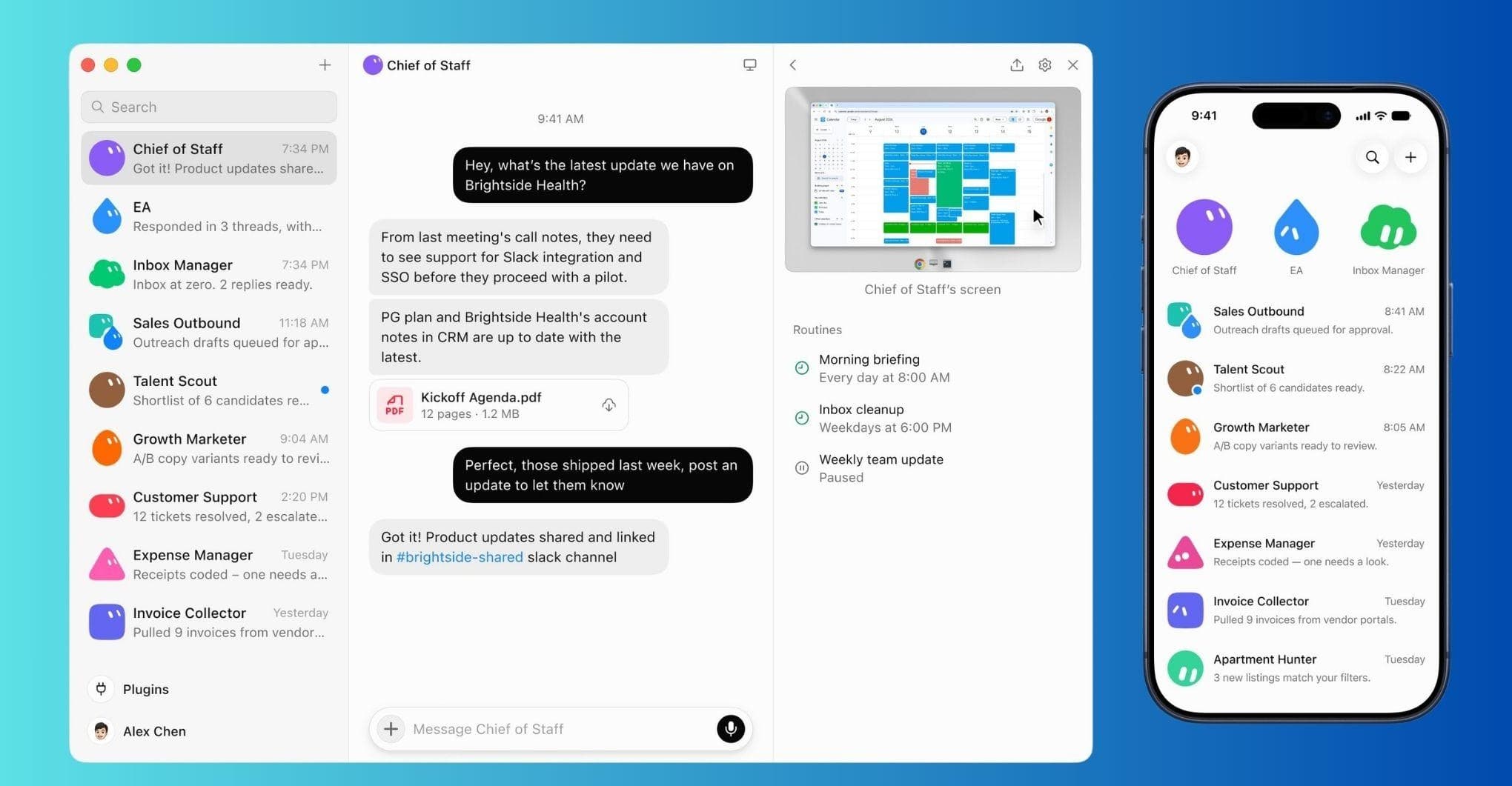 Grok Bot teammate view on desktop and phone, with named jobs, a live chat, and routines.