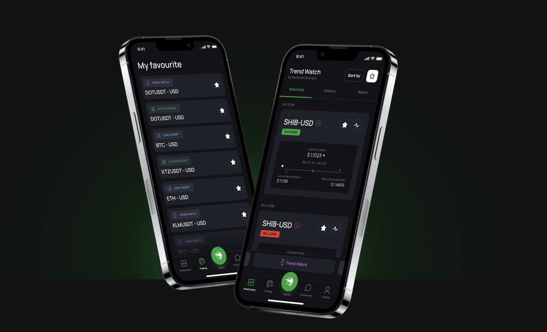 Two phones showing Digimax trading favorites and SHIB buy and sell zone predictions.