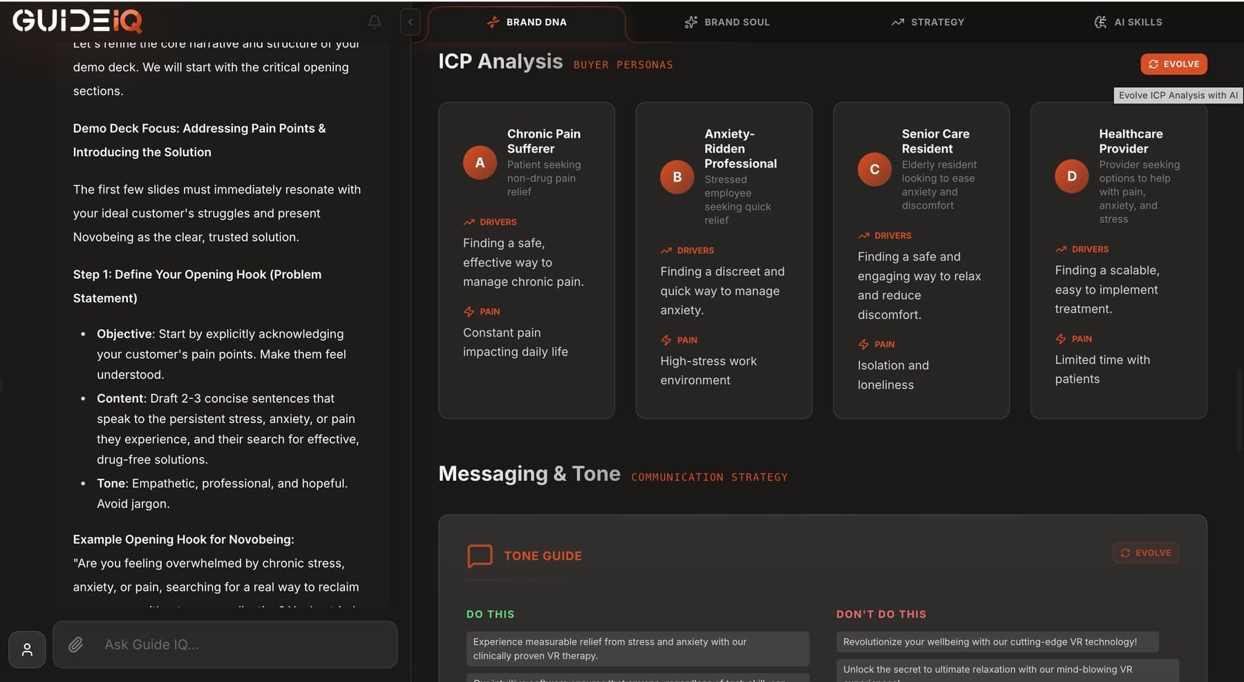 Guide IQ Brand DNA workspace with ICP analysis cards and messaging tone guide.