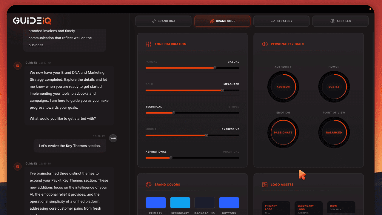 Guide IQ Brand Soul workspace with tone calibration, personality dials, and brand colors.