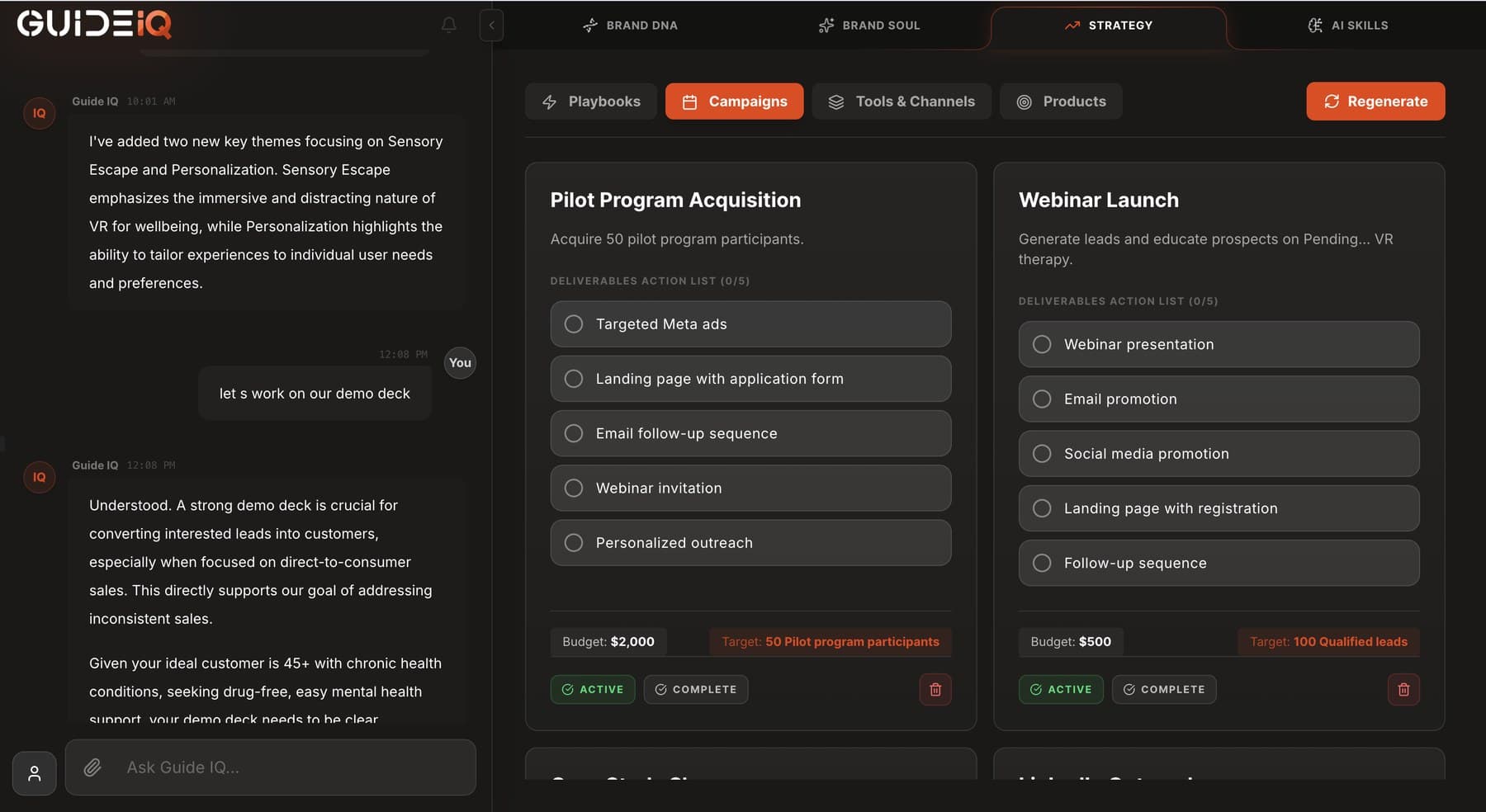 Guide IQ Strategy workspace with campaign cards for pilot acquisition and webinar launch.
