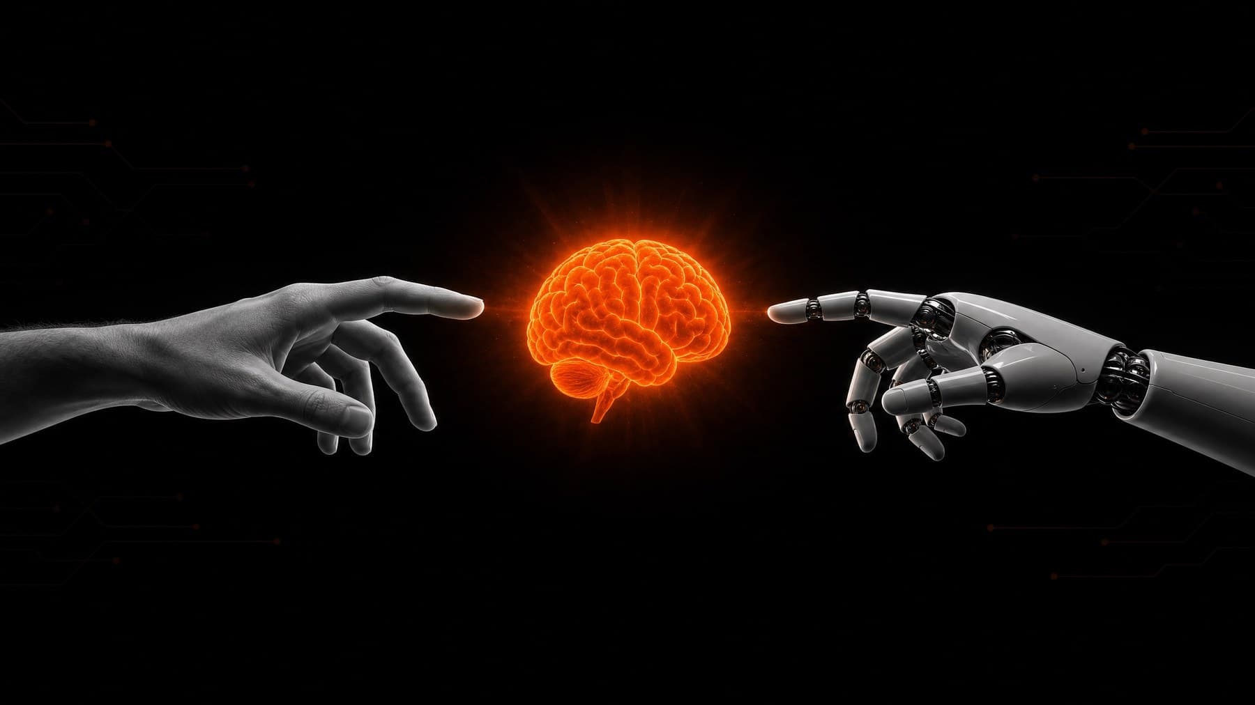 Human and robotic hands reaching toward a glowing orange brain on a black background.