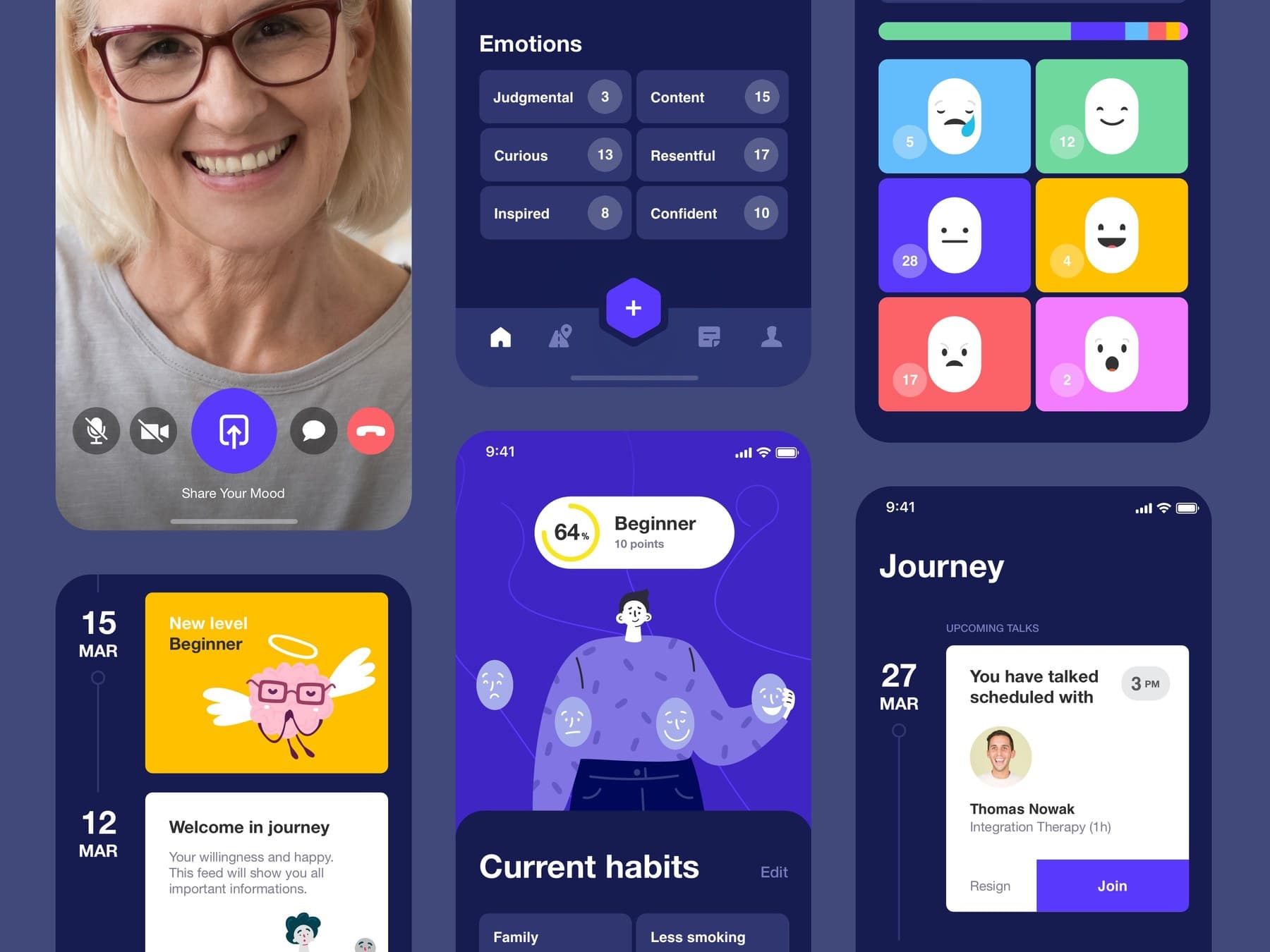 Mindleap app screens for mood tracking, emotions, journey milestones and therapy sessions.
