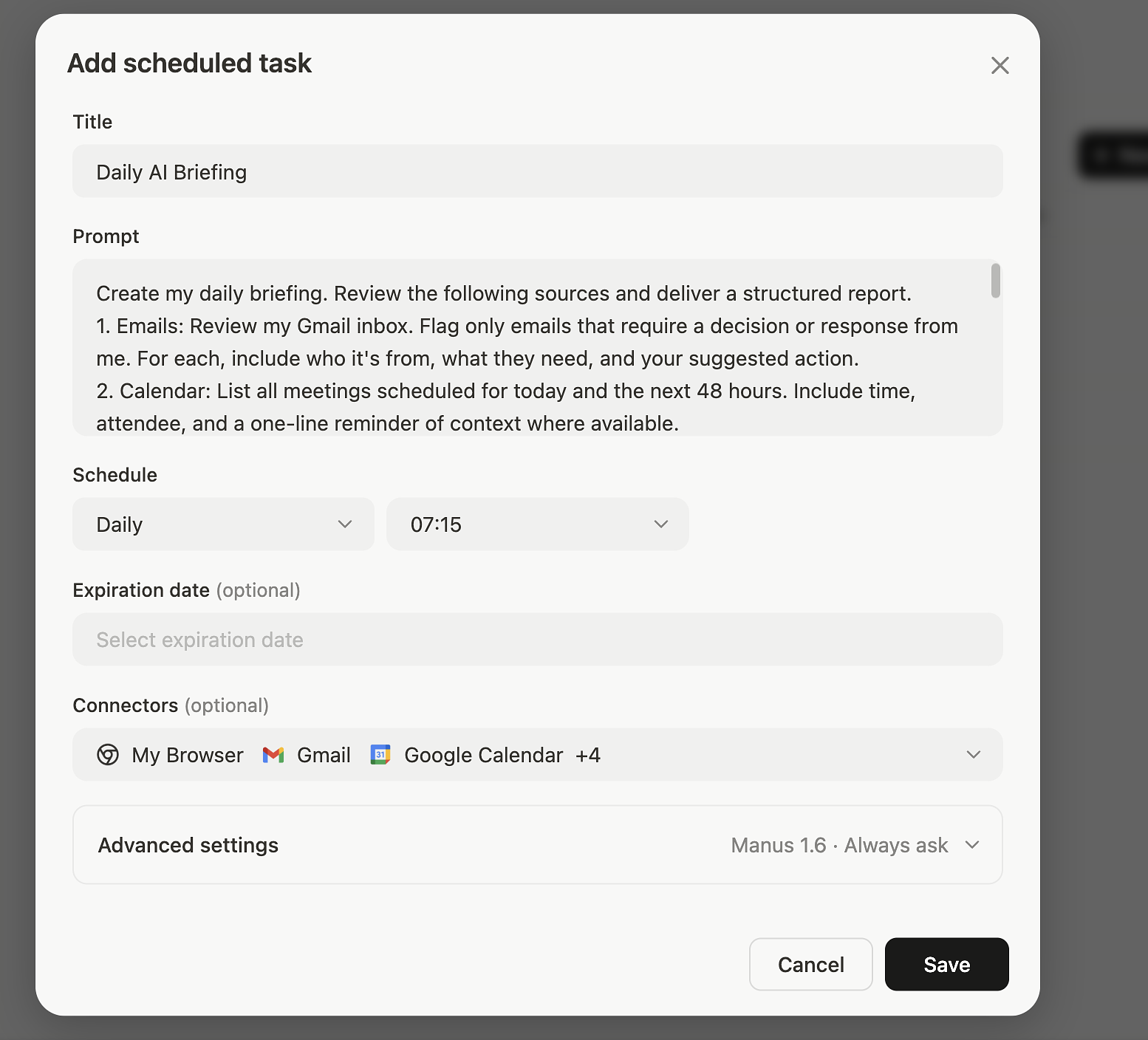 You can set up your brieding under Scheduled Tasks in Manus Settings or just ask the chat.